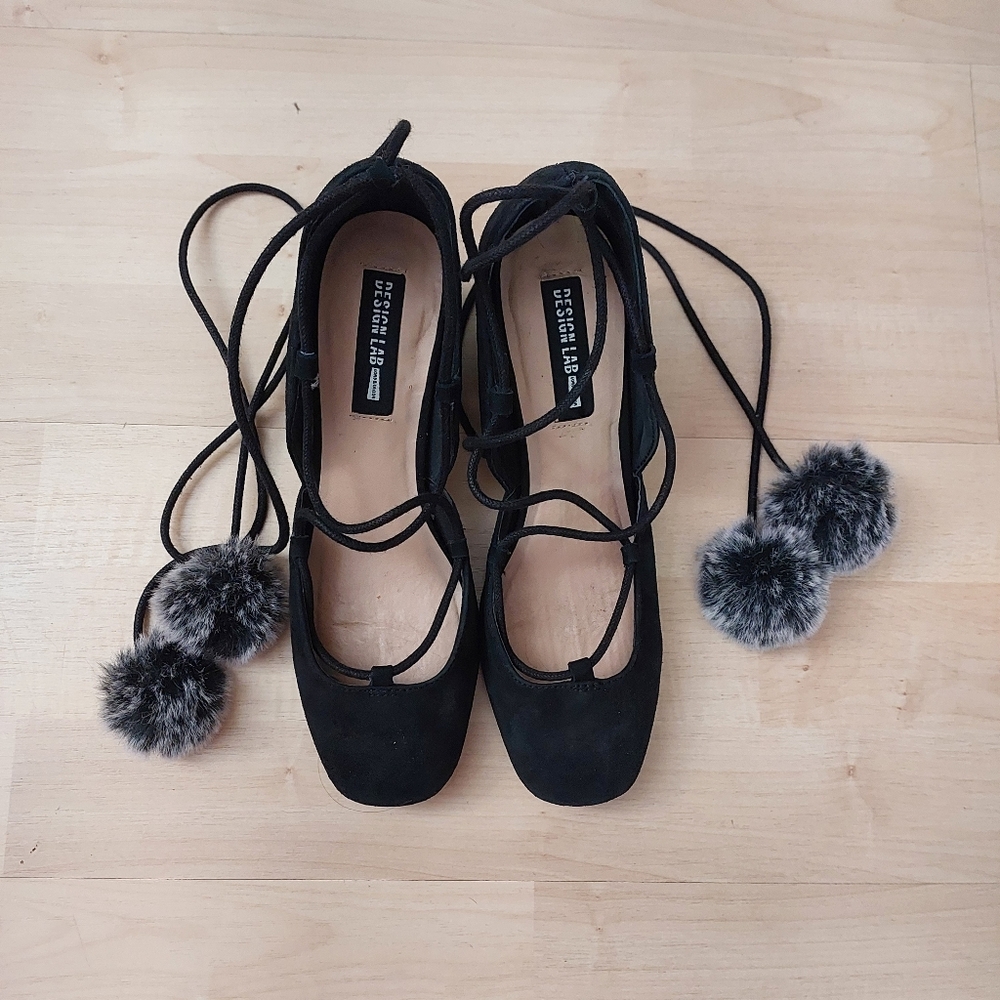 Black Suede Ankle wrap Heels Size 6.5 Square Toed